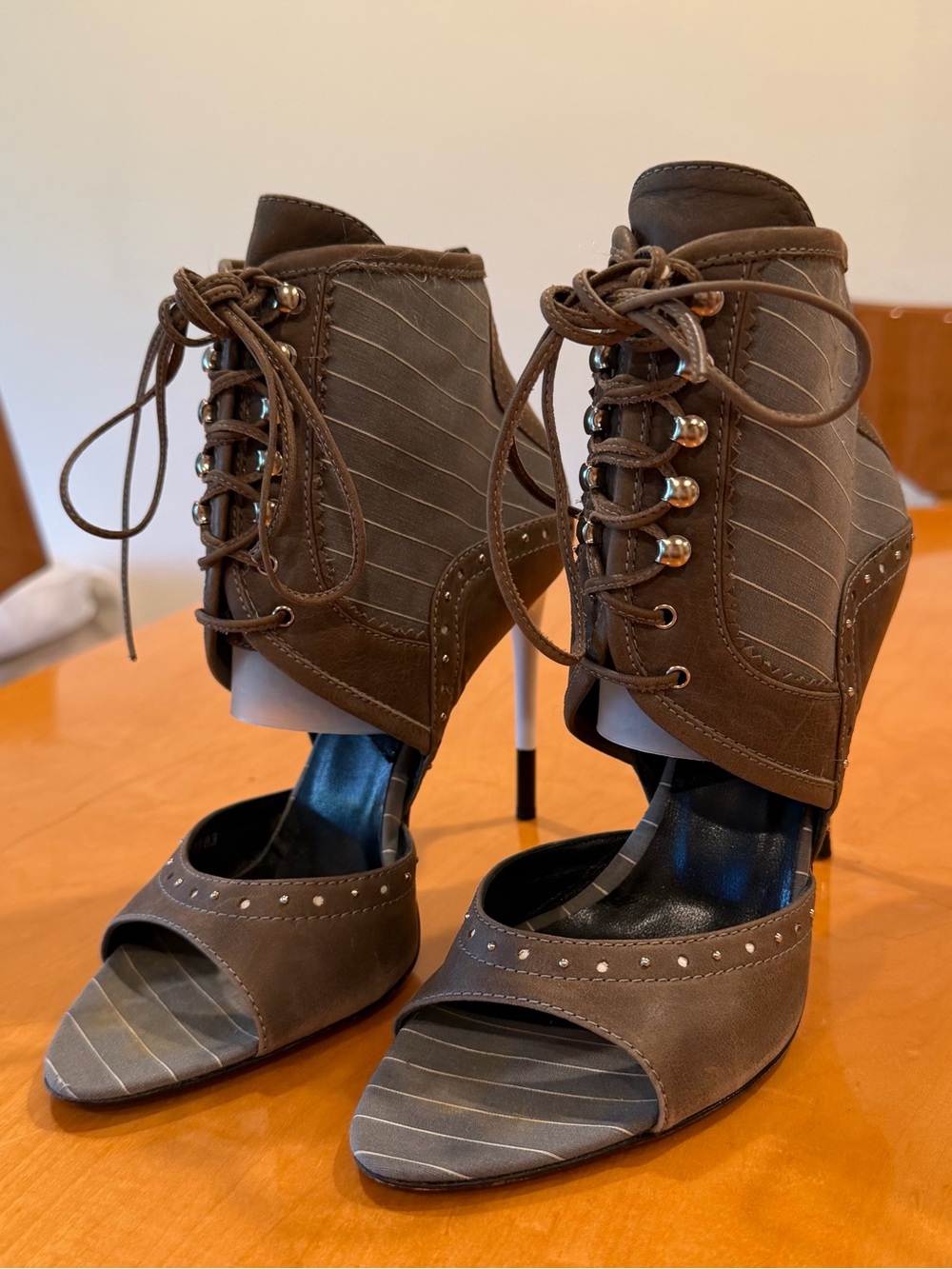 Dior Brown Open-Toe Lace-Up Ankle Cuff Heels
